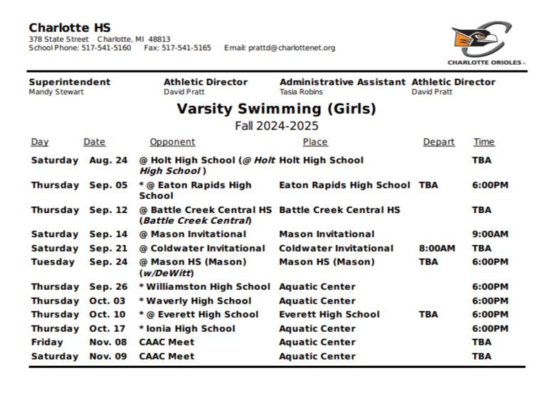 Varsity Girls Swim Schedule