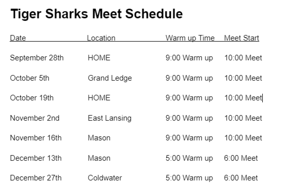 An image of the Tiger Shark Schedule